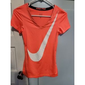 Nike Pro Tops V-Neck Dri-Fit Tee, neon orange with large logo, size XS